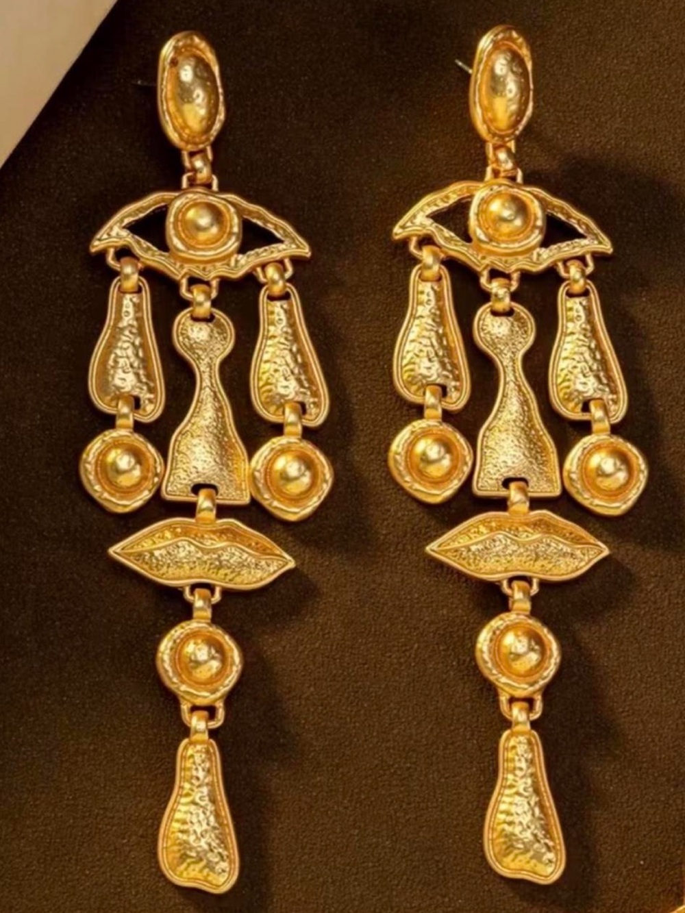 Vintage Gold-Tone Articulated Face Motif Dangle Earrings